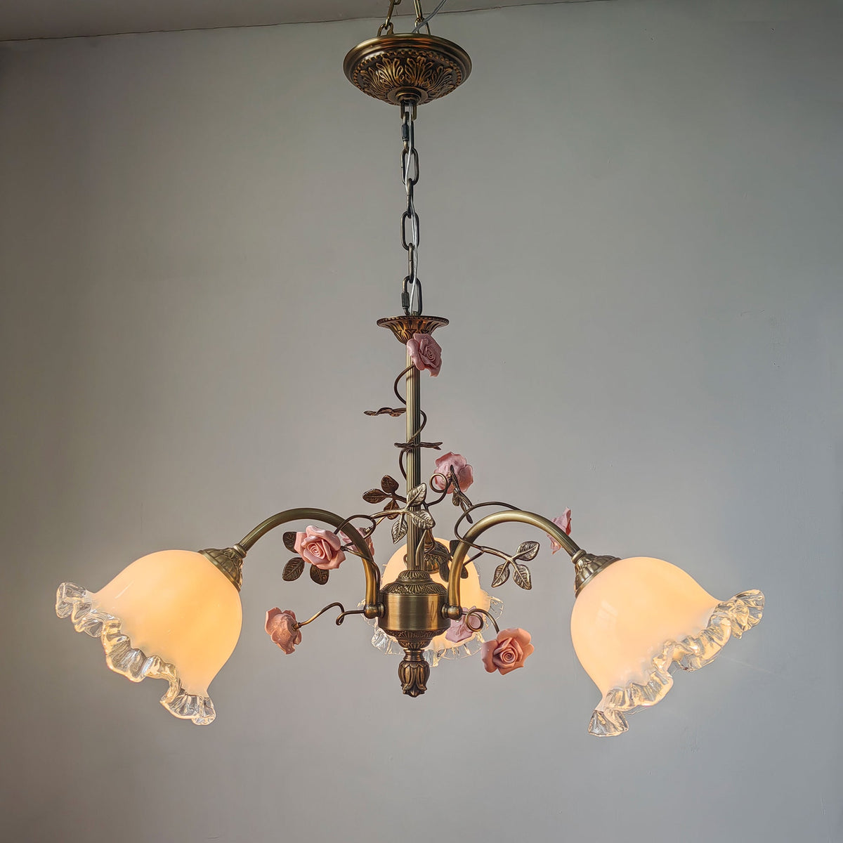 Serenade Chandelier - Antique Bronze Brass & Ceramic Flower Chandelier | Vintage Floral Glass Pendant Light