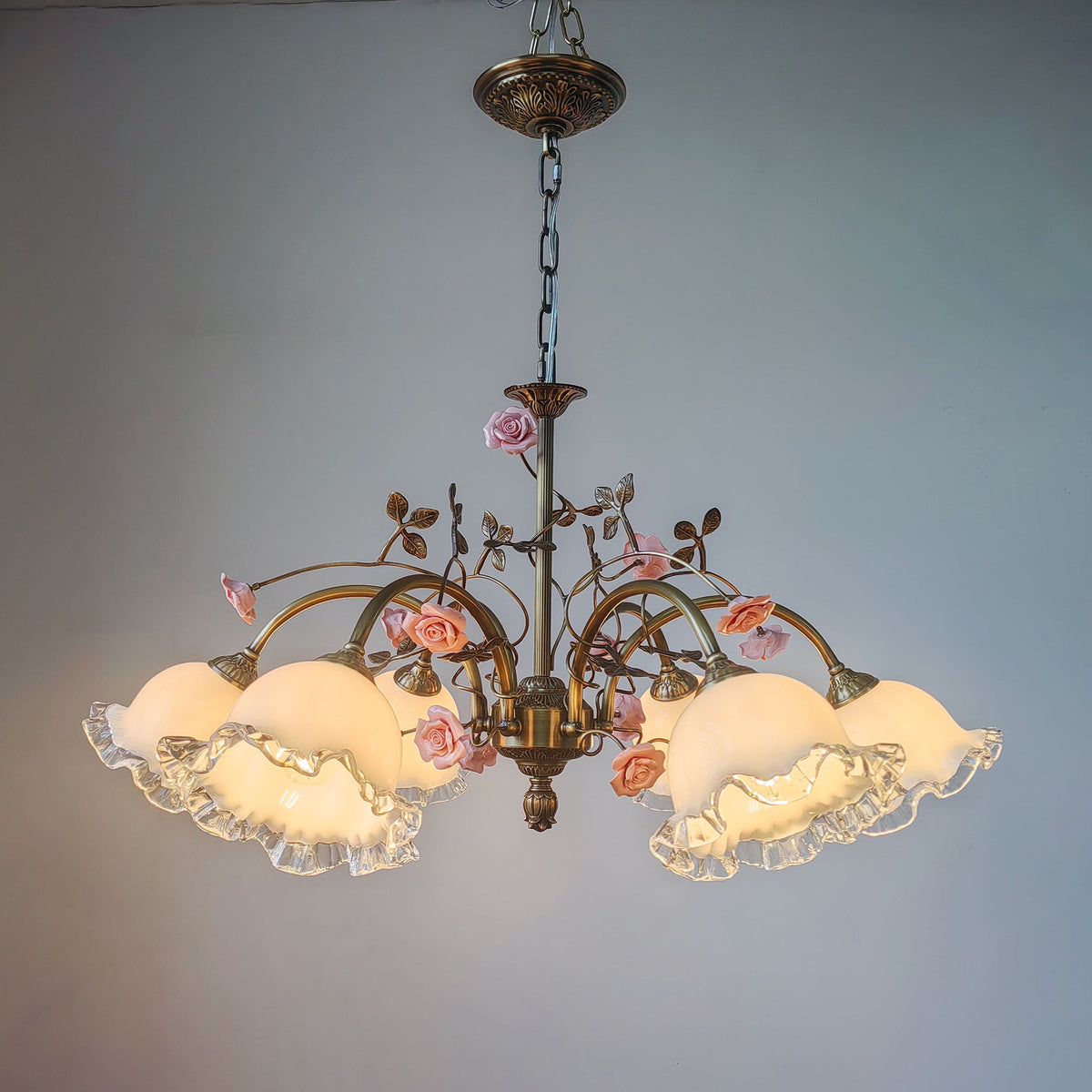 Serenade Chandelier - Antique Bronze Brass & Ceramic Flower Chandelier | Vintage Floral Glass Pendant Light