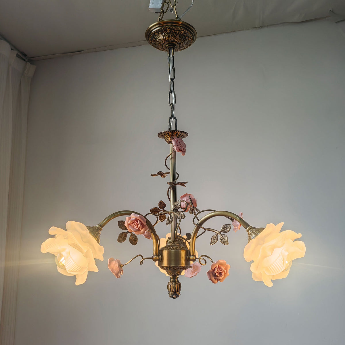 Serenade Chandelier - Antique Bronze Brass & Ceramic Flower Chandelier | Vintage Floral Glass Pendant Light