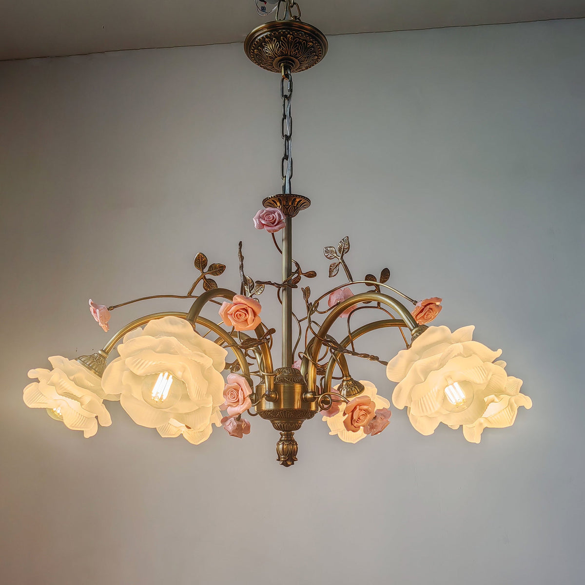 Serenade Chandelier - Antique Bronze Brass & Ceramic Flower Chandelier | Vintage Floral Glass Pendant Light