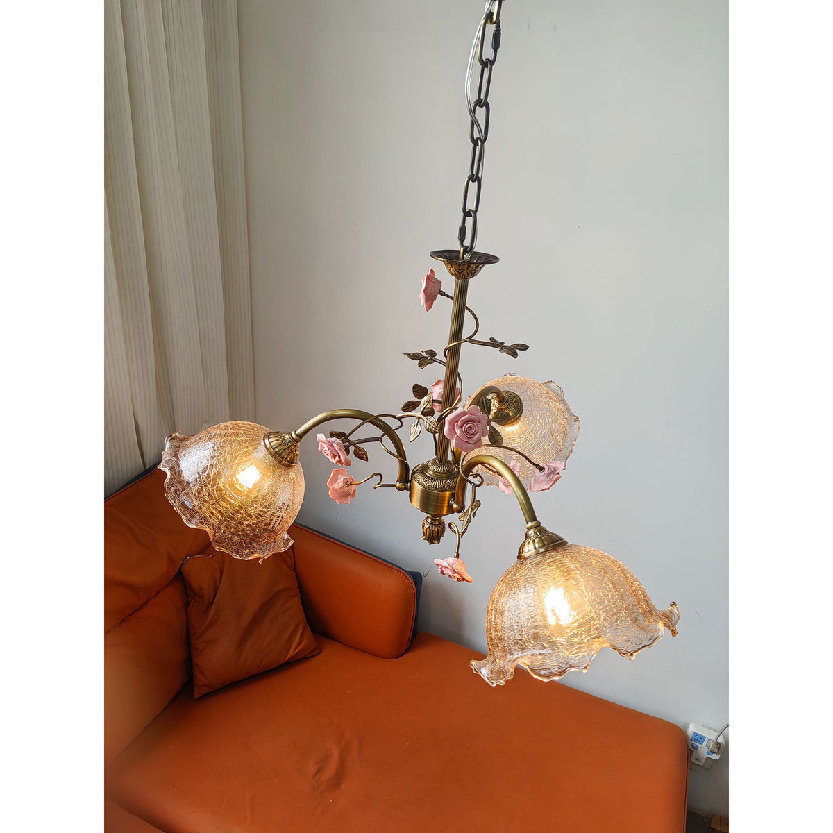 Serenade Chandelier - Antique Bronze Brass & Ceramic Flower Chandelier | Vintage Floral Glass Pendant Light