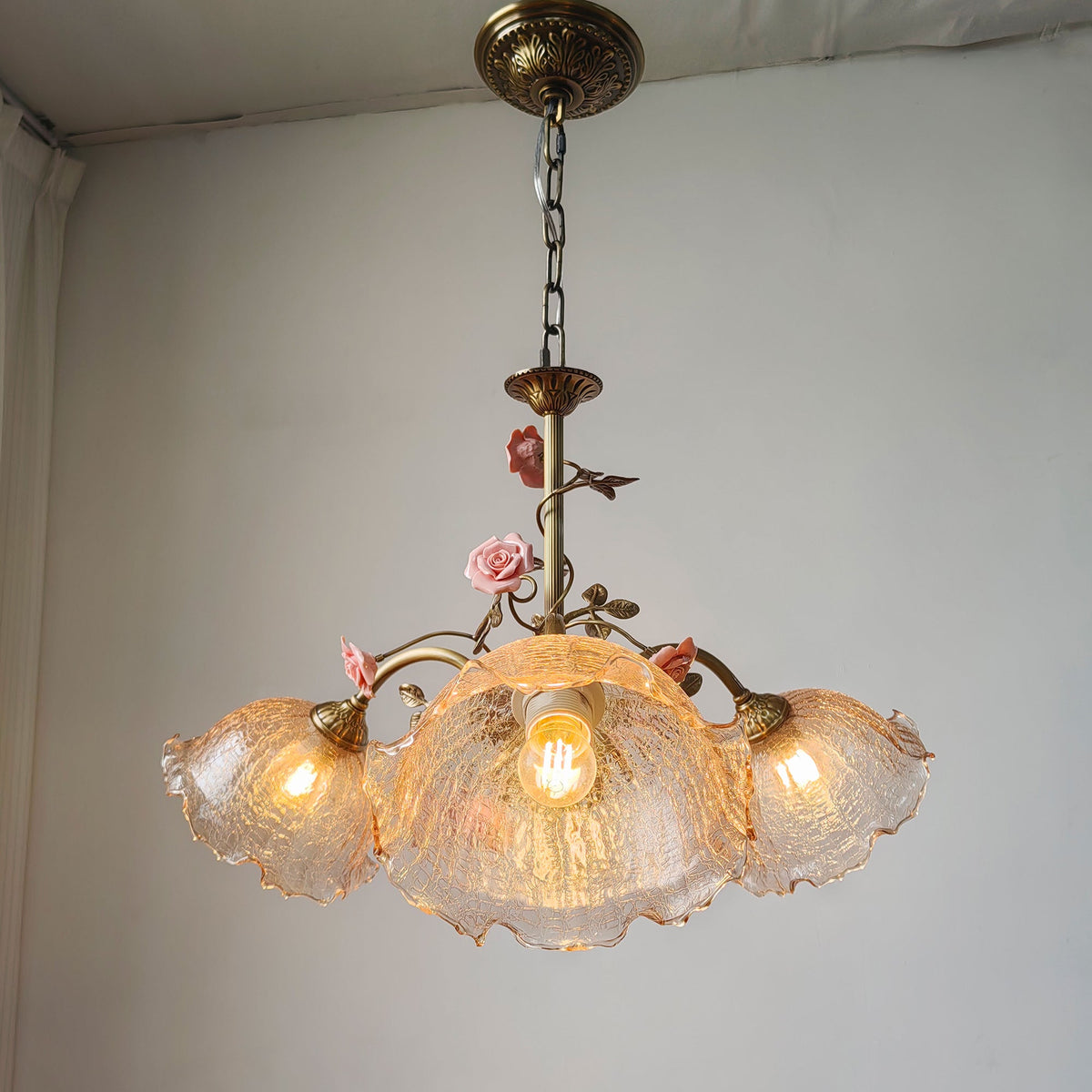 Serenade Chandelier - Antique Bronze Brass & Ceramic Flower Chandelier | Vintage Floral Glass Pendant Light
