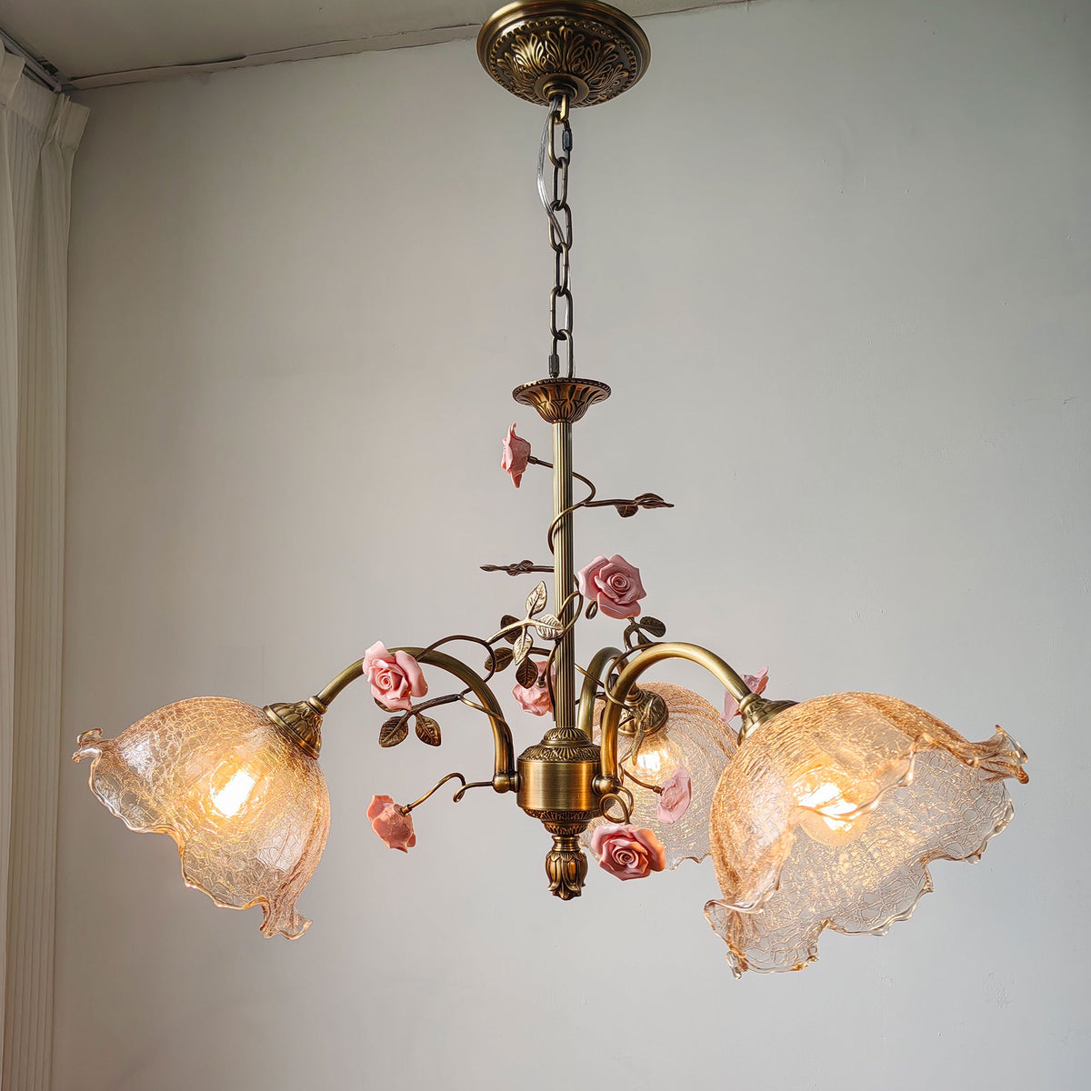 Serenade Chandelier - Antique Bronze Brass & Ceramic Flower Chandelier | Vintage Floral Glass Pendant Light
