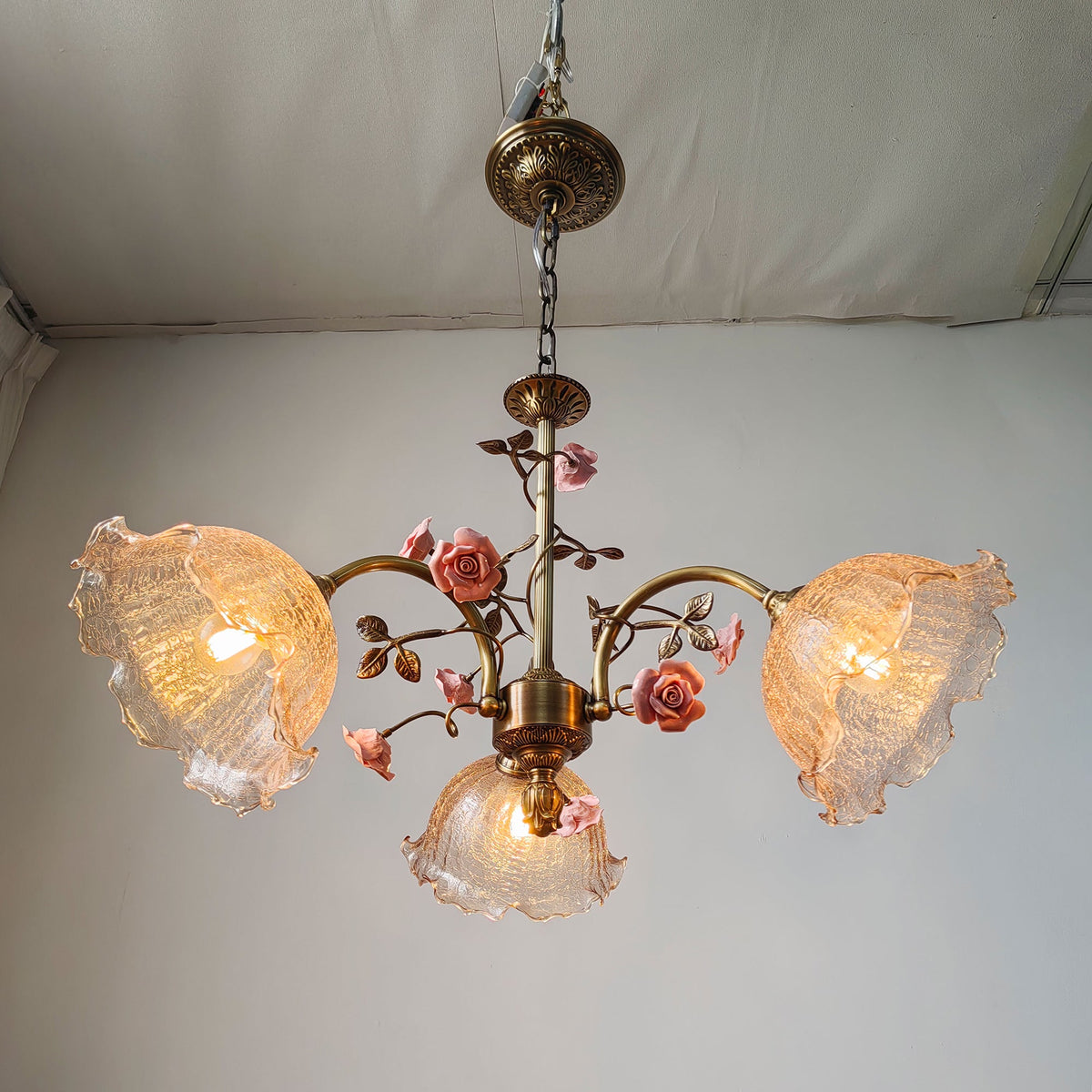 Serenade Chandelier - Antique Bronze Brass & Ceramic Flower Chandelier | Vintage Floral Glass Pendant Light