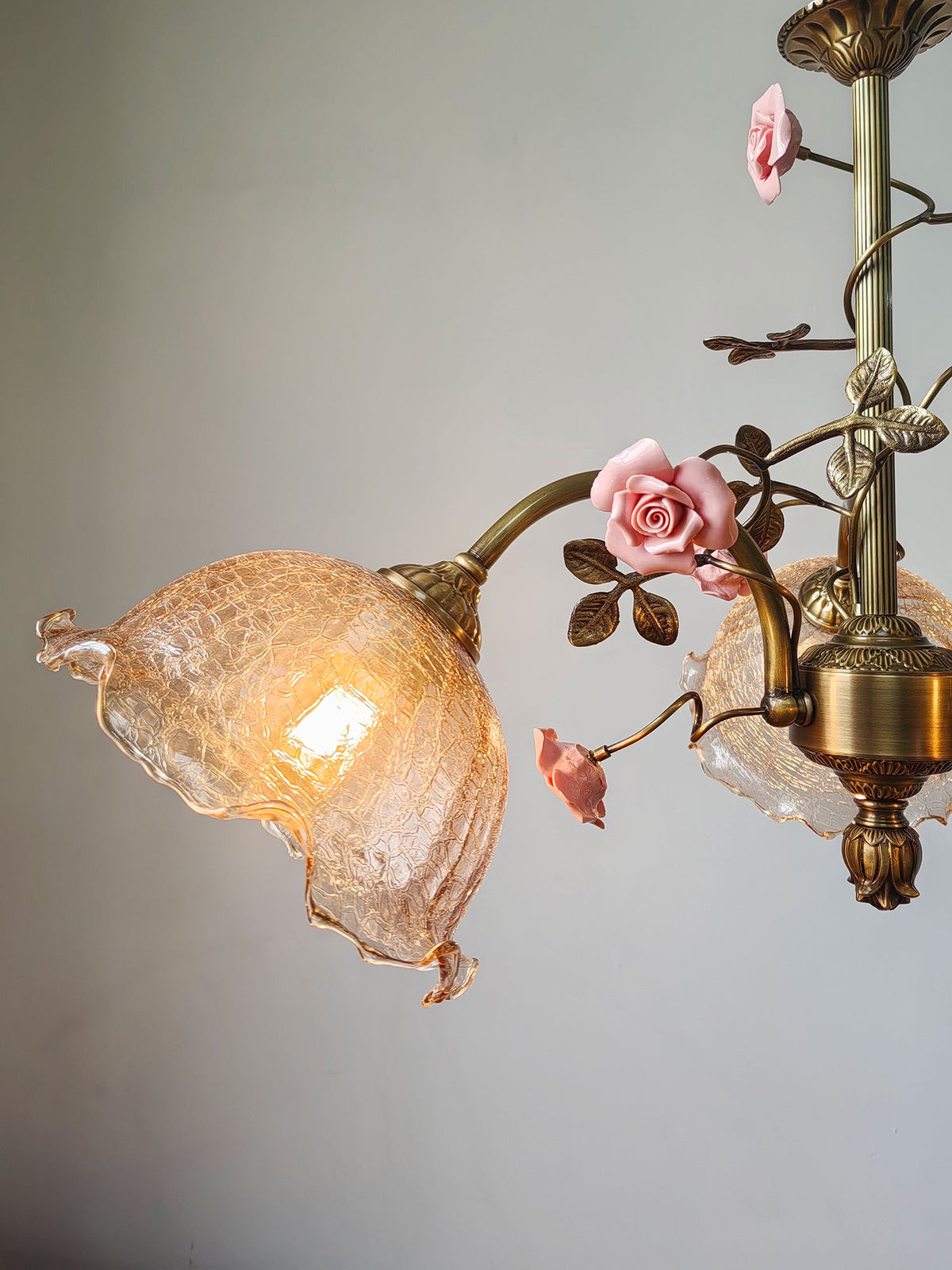 Serenade Chandelier - Antique Bronze Brass & Ceramic Flower Chandelier | Vintage Floral Glass Pendant Light
