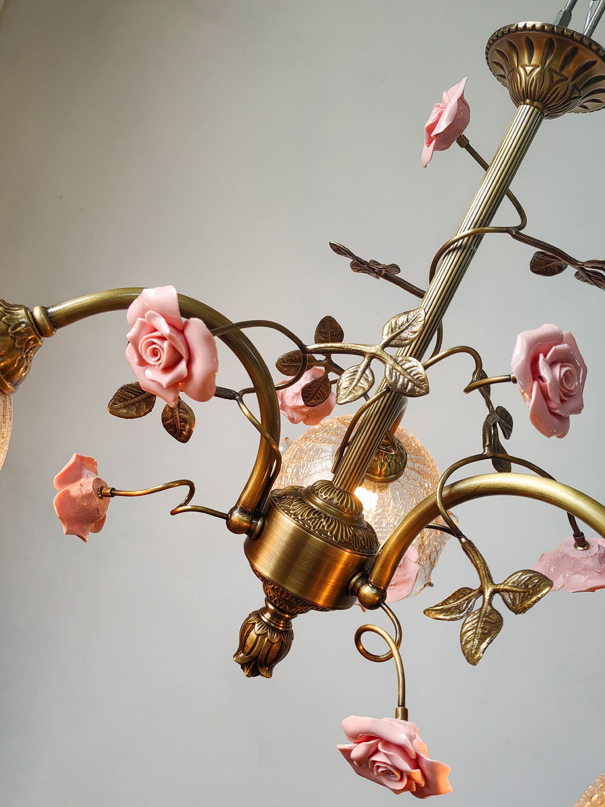 Serenade Chandelier - Antique Bronze Brass & Ceramic Flower Chandelier | Vintage Floral Glass Pendant Light