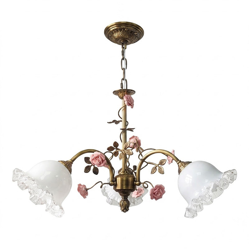 Serenade Chandelier - Antique Bronze Brass & Ceramic Flower Chandelier | Vintage Floral Glass Pendant Light