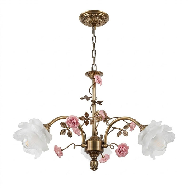 Serenade Chandelier - Antique Bronze Brass & Ceramic Flower Chandelier | Vintage Floral Glass Pendant Light