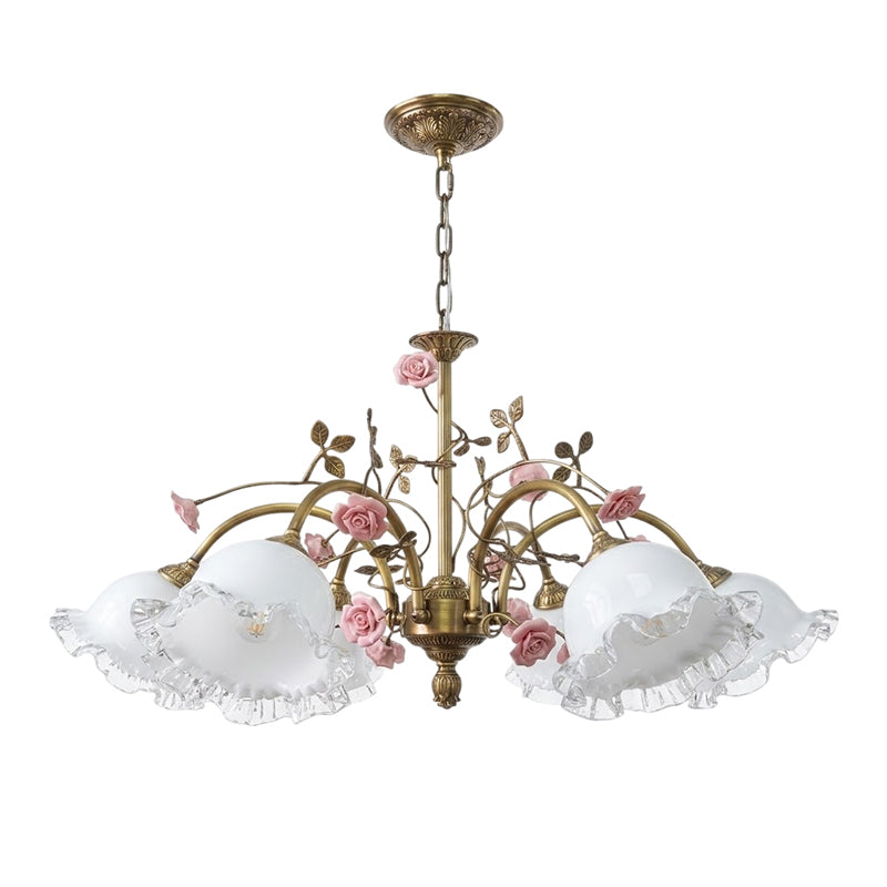 Serenade Chandelier - Antique Bronze Brass & Ceramic Flower Chandelier | Vintage Floral Glass Pendant Light