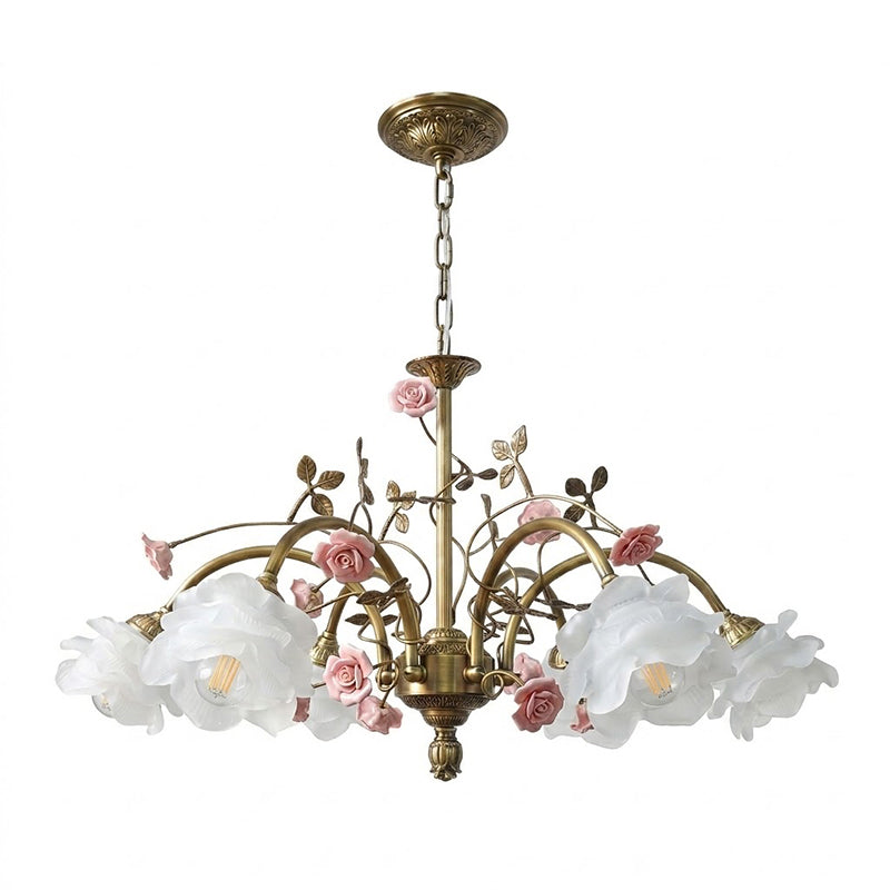 Serenade Chandelier - Antique Bronze Brass & Ceramic Flower Chandelier | Vintage Floral Glass Pendant Light