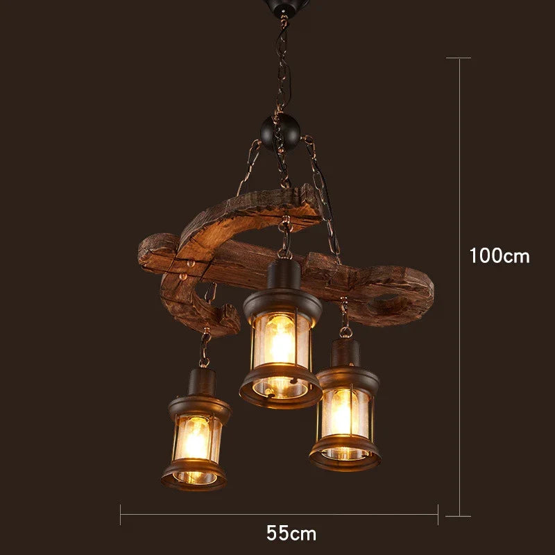 Wooden LED Chandelier - Solid Wood & Iron Industrial Rustic Dining Chandelier