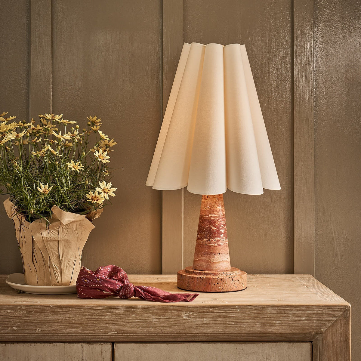 Shadon Marble Pleated Table Lamp - Veined Marble & Travertine Base Light | Modern Pleated Accent Desk Lamp