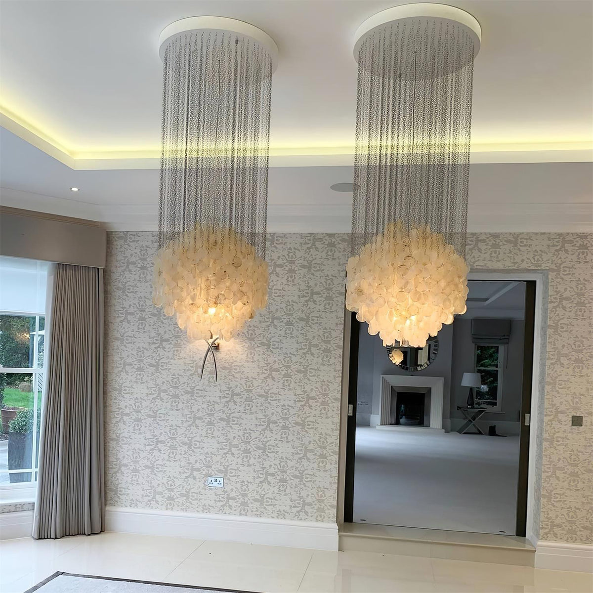 Shell Waterfall Chandelier - Mother-of-Pearl Cascading Pendant Light | Coastal Modern Hanging Chandelier