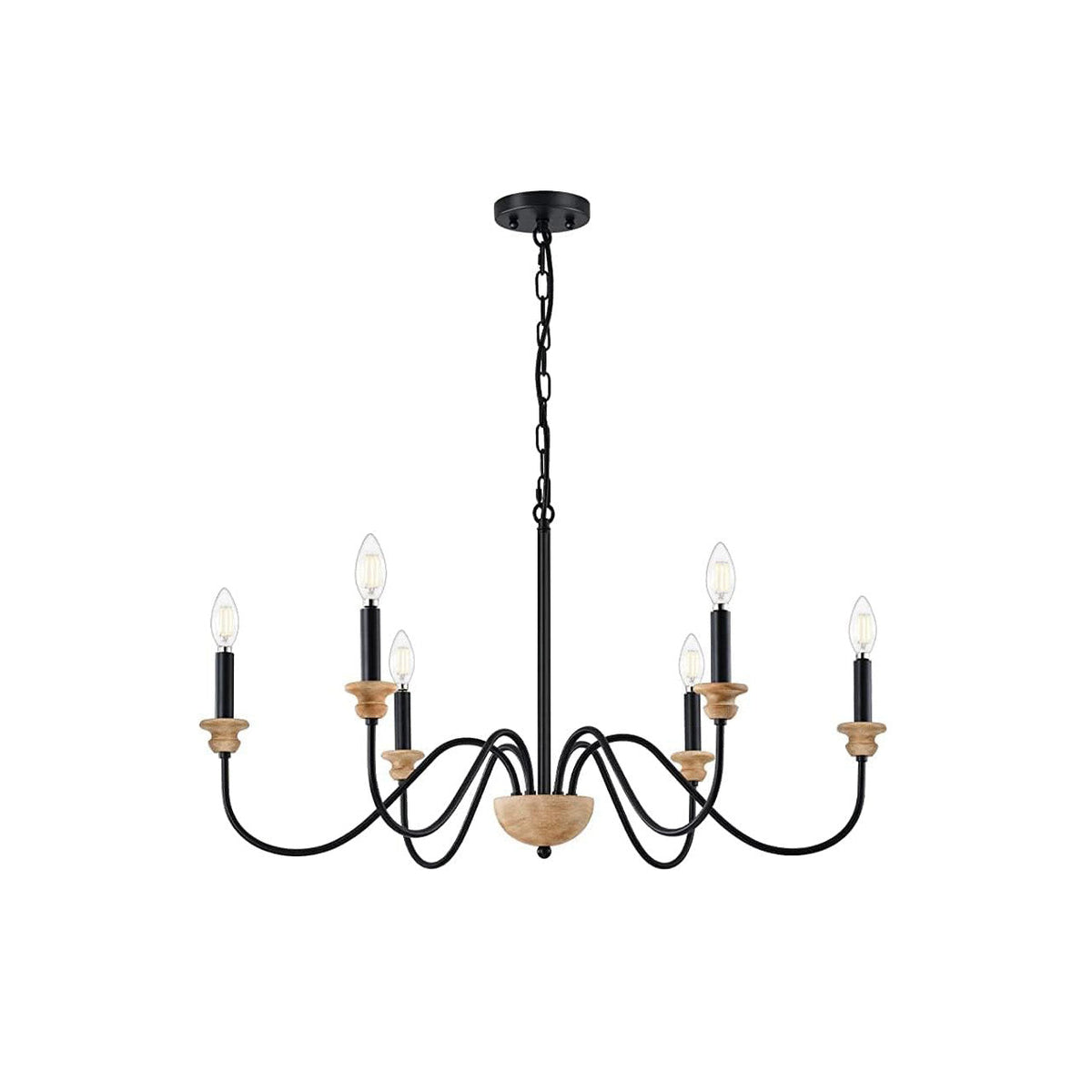 Sherree Traditional Chandelier - Wooden Body & Curved Metal Arm Candle Light | Classic Dining Chandelier