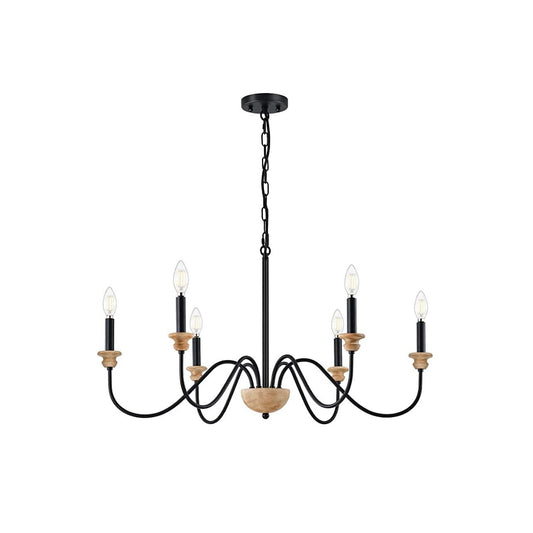 Sherree Traditional Chandelier - Wooden Body & Curved Metal Arm Candle Light | Classic Dining Chandelier