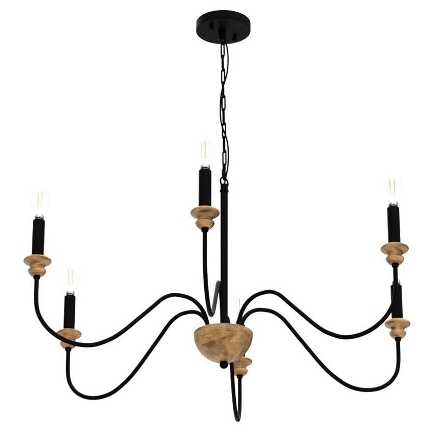 Sherree Traditional Chandelier - Wooden Body & Curved Metal Arm Candle Light | Classic Dining Chandelier