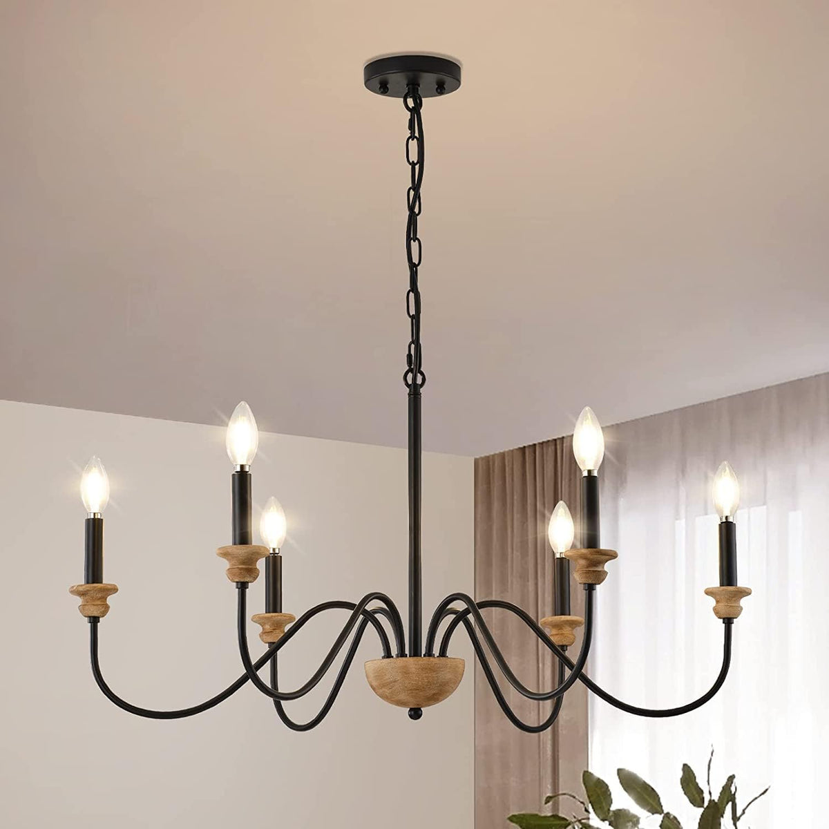 Sherree Traditional Chandelier - Wooden Body & Curved Metal Arm Candle Light | Classic Dining Chandelier