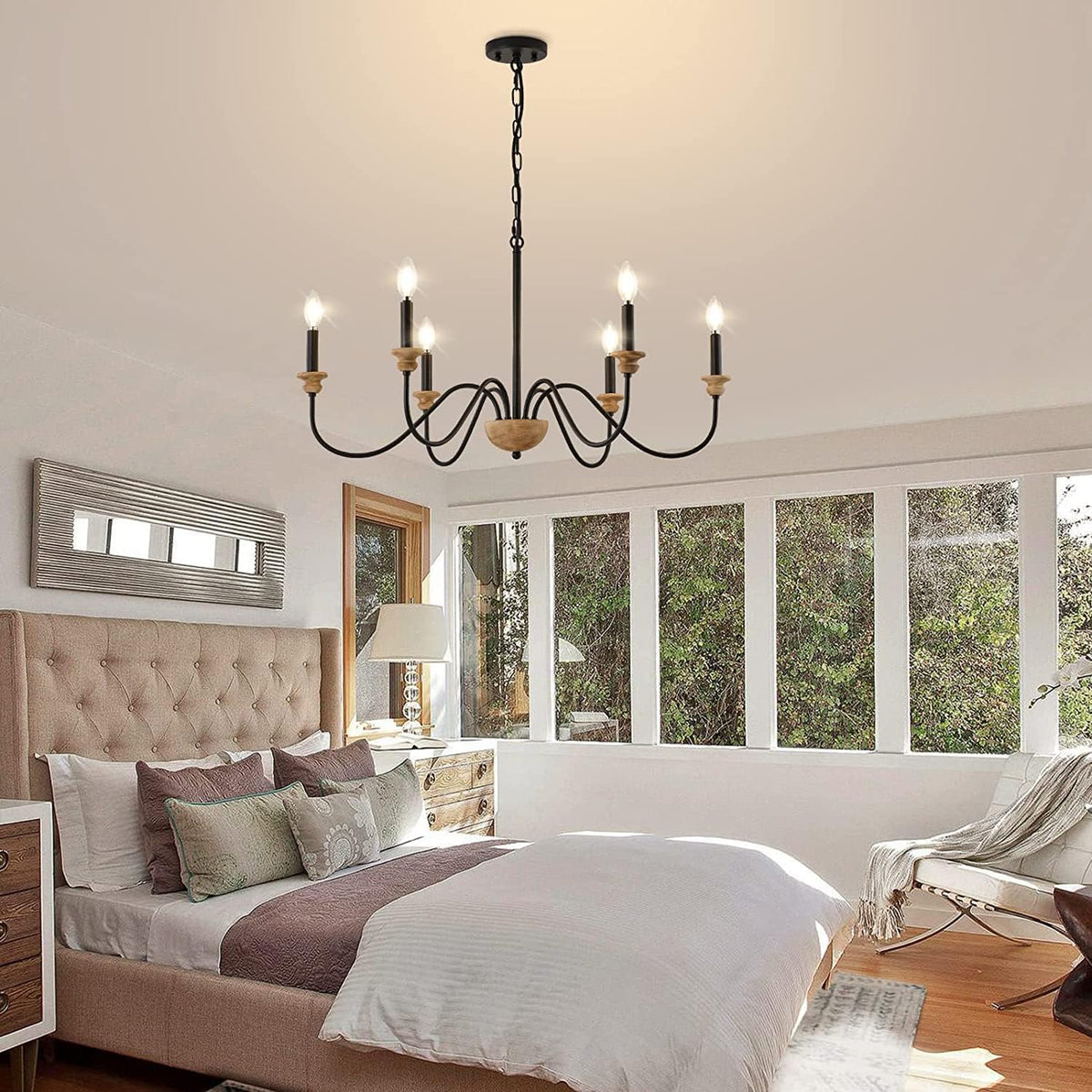 Sherree Traditional Chandelier - Wooden Body & Curved Metal Arm Candle Light | Classic Dining Chandelier