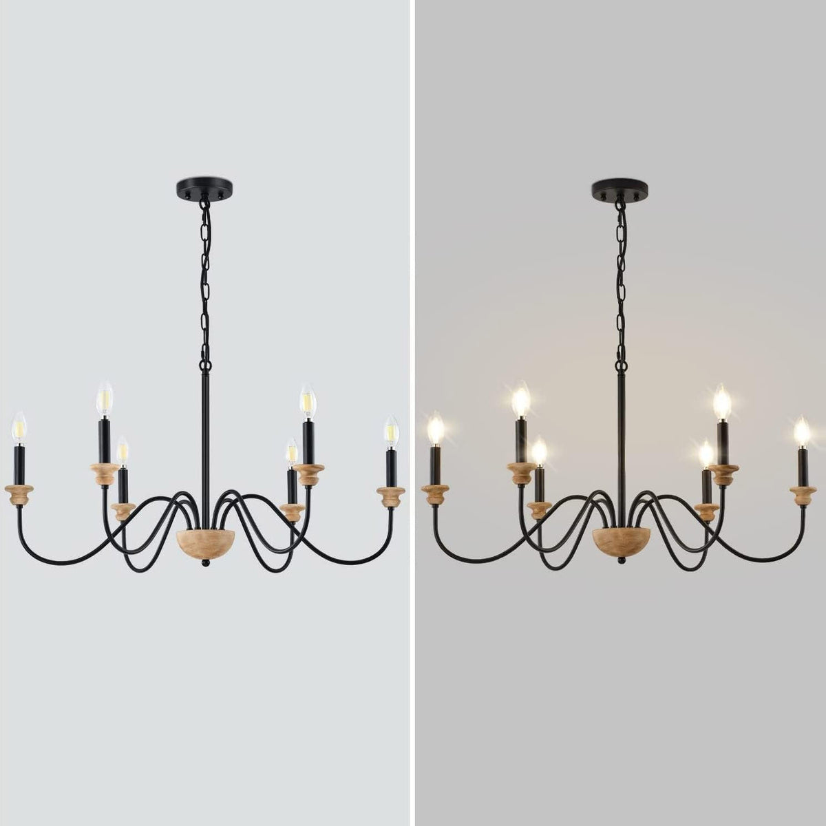 Sherree Traditional Chandelier - Wooden Body & Curved Metal Arm Candle Light | Classic Dining Chandelier