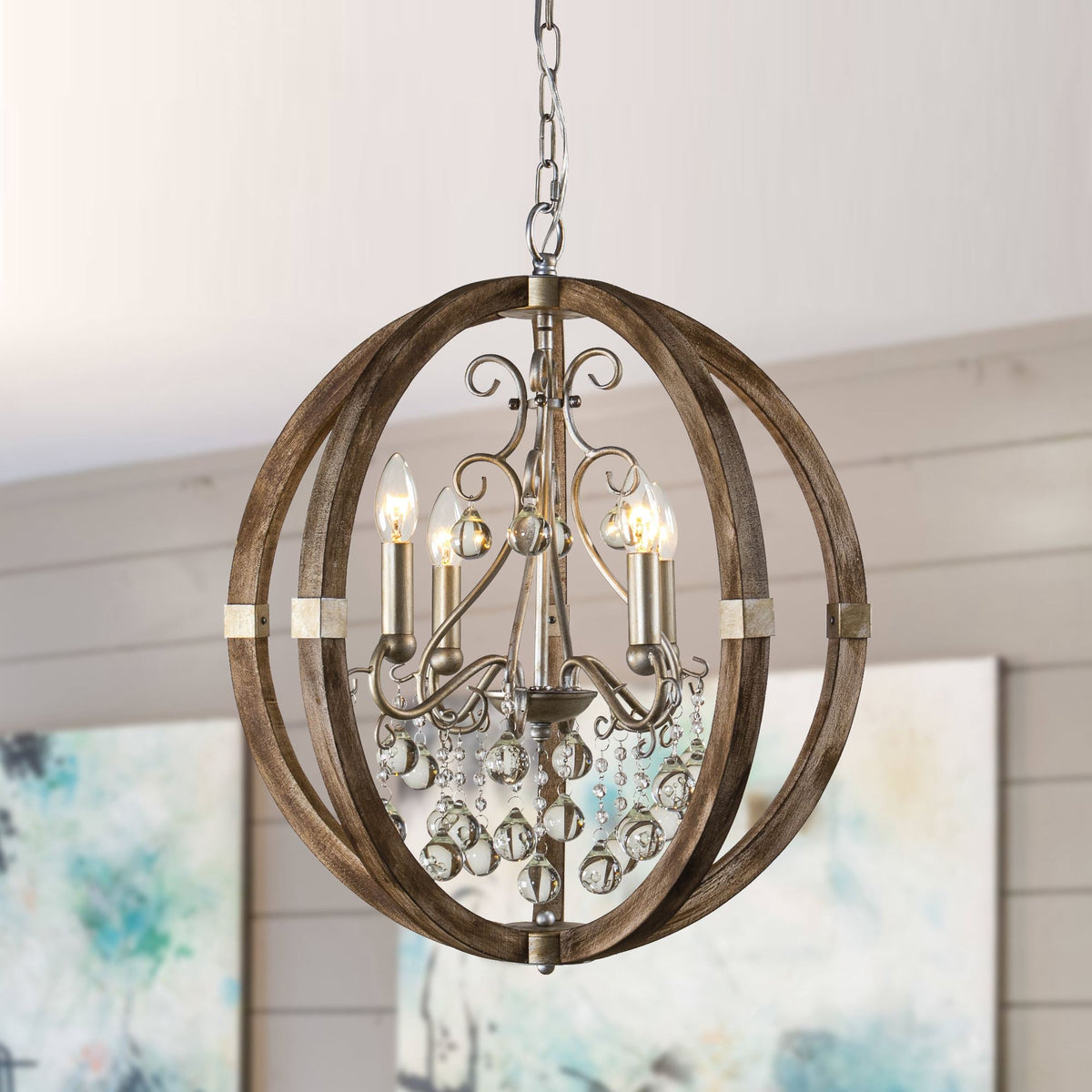 Shuler Pendant Lamp - Weathered Wood & Glass Orb Chandelier | Old World Glass Bead Hanging Light