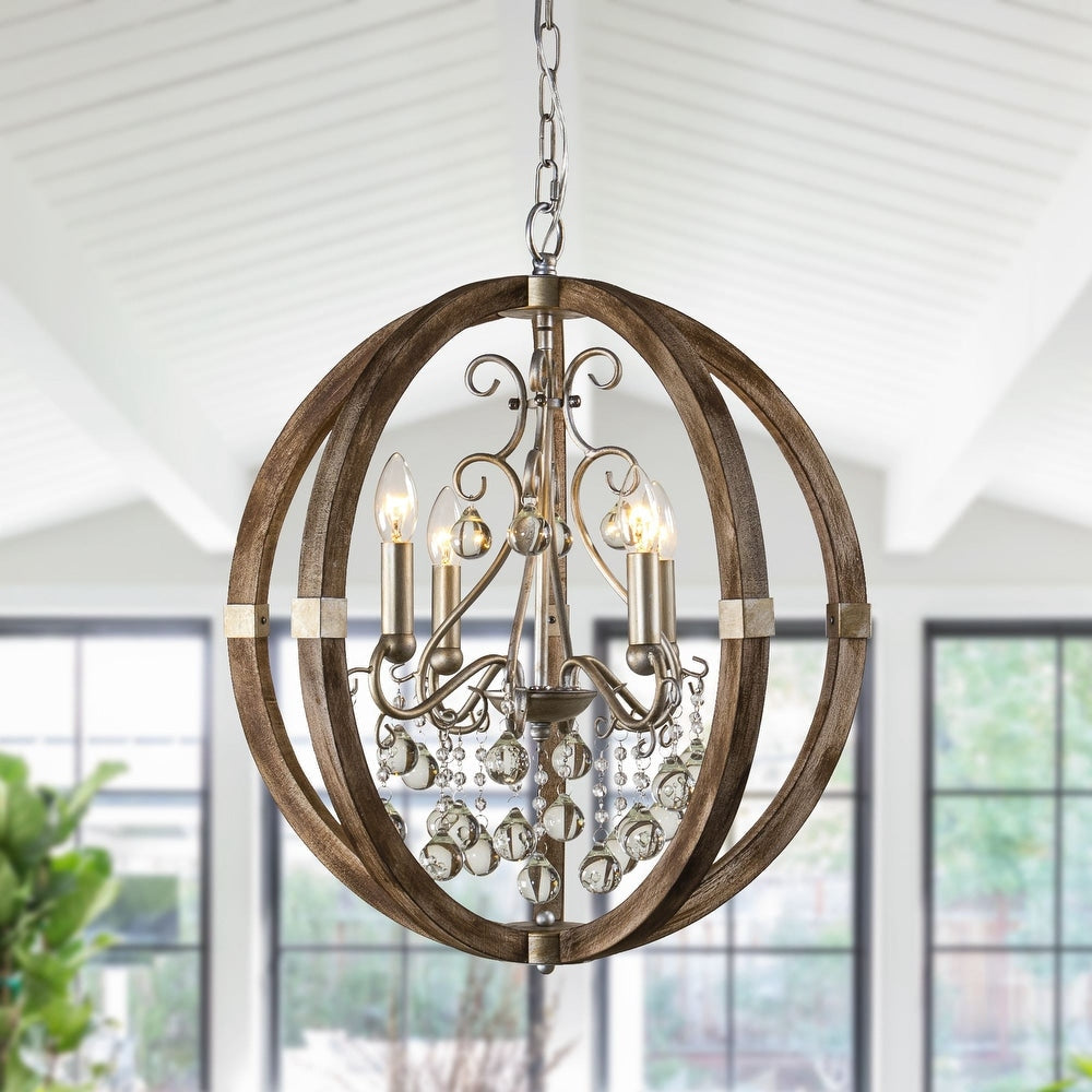 Shuler Pendant Lamp - Weathered Wood & Glass Orb Chandelier | Old World Glass Bead Hanging Light