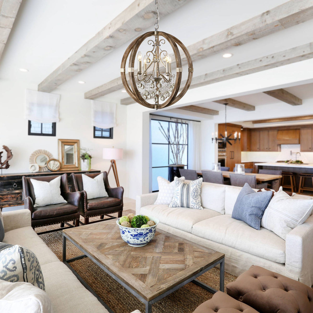 Shuler Pendant Lamp - Weathered Wood & Glass Orb Chandelier | Old World Glass Bead Hanging Light