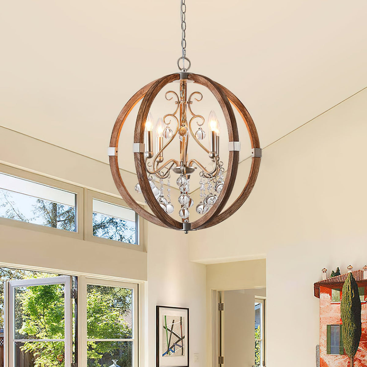 Shuler Pendant Lamp - Weathered Wood & Glass Orb Chandelier | Old World Glass Bead Hanging Light