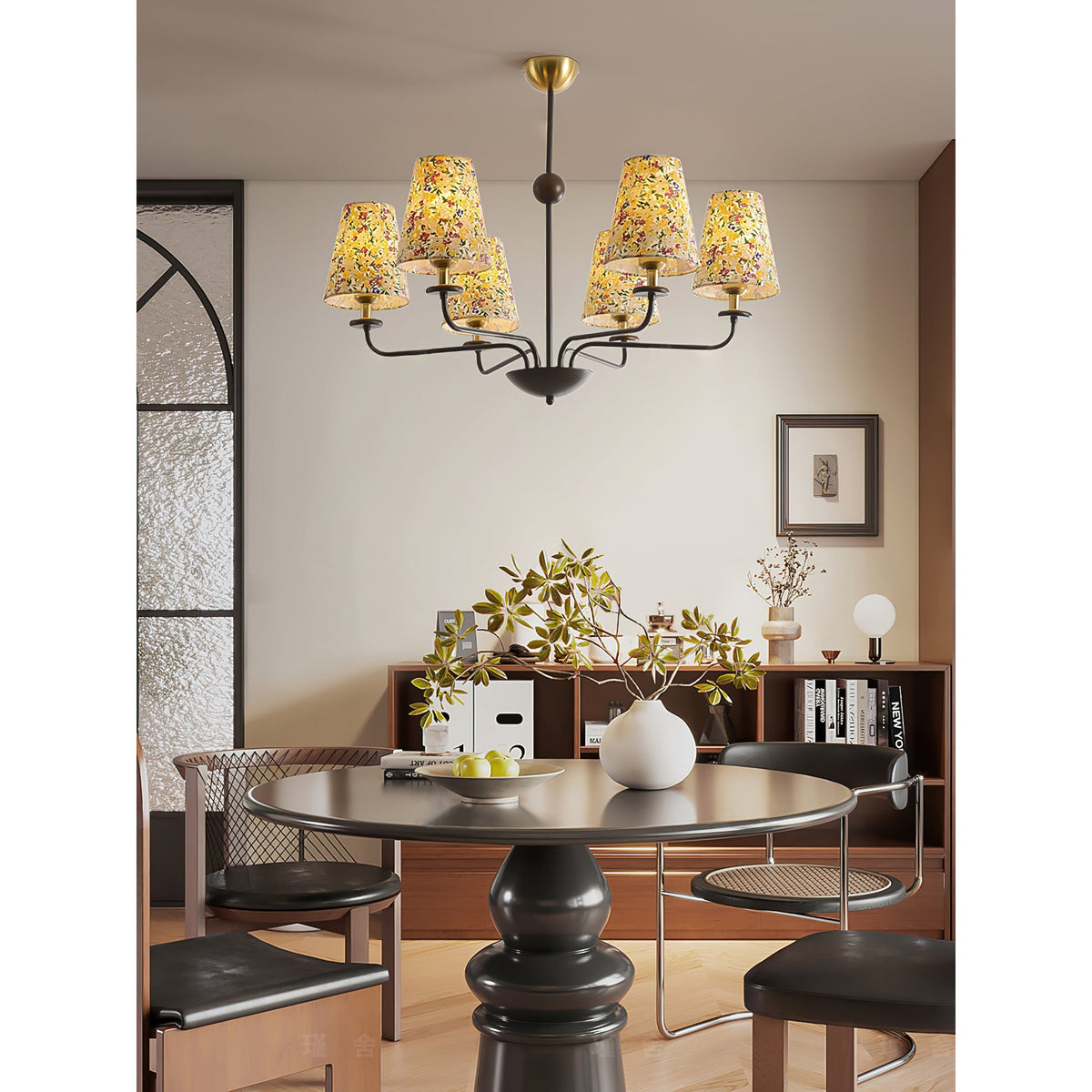 Siena Fabric Chandelier - Ash Wood & Floral Fabric Shade Chandelier | Modern Country Overhead Light