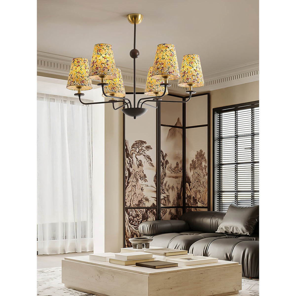 Siena Fabric Chandelier - Ash Wood & Floral Fabric Shade Chandelier | Modern Country Overhead Light