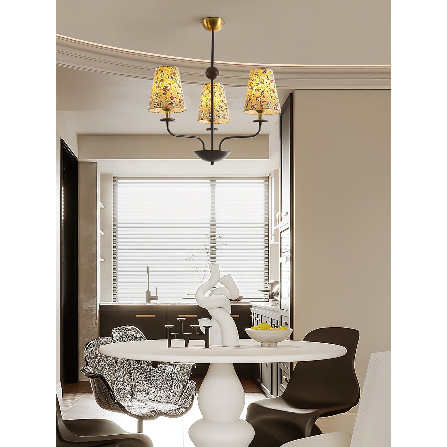 Siena Fabric Chandelier - Ash Wood & Floral Fabric Shade Chandelier | Modern Country Overhead Light