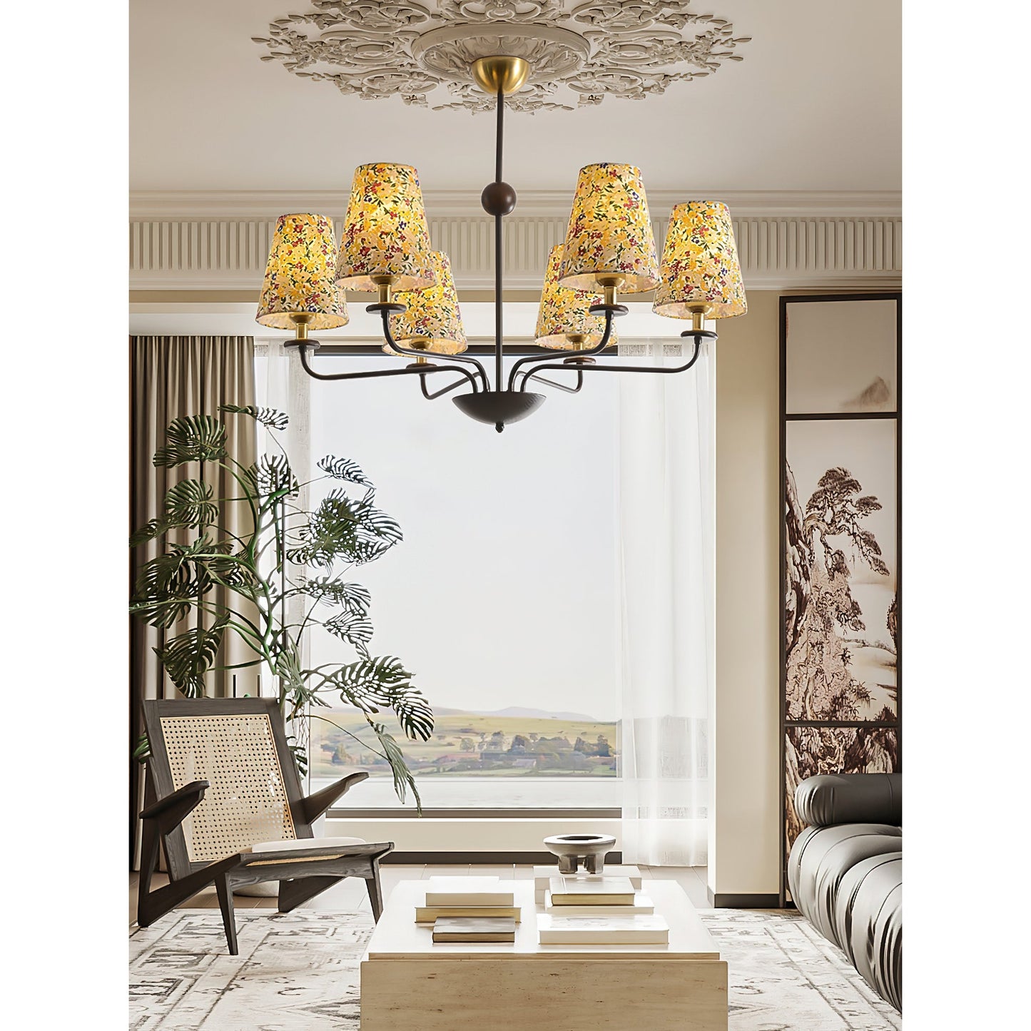 Siena Fabric Chandelier - Ash Wood & Floral Fabric Shade Chandelier | Modern Country Overhead Light