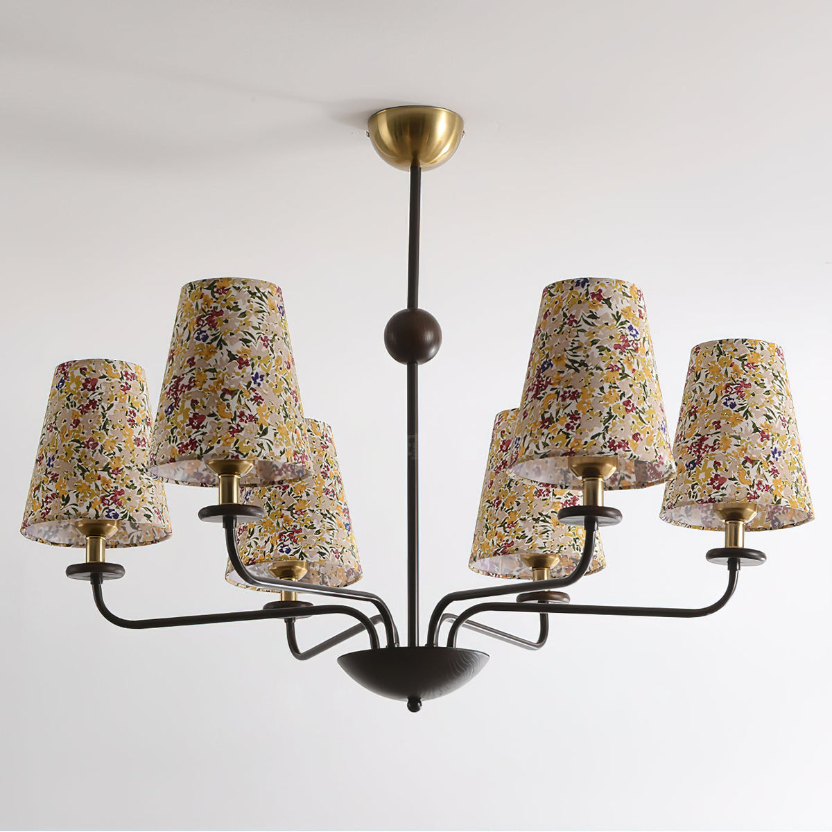 Siena Fabric Chandelier - Ash Wood & Floral Fabric Shade Chandelier | Modern Country Overhead Light