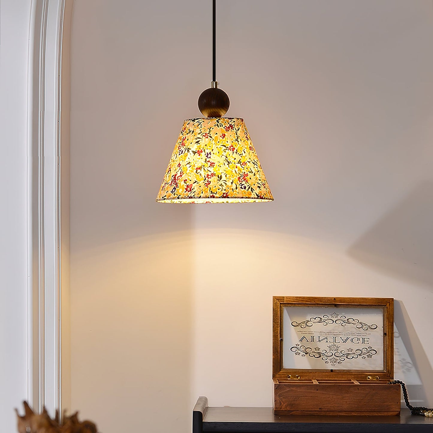 Siena Fabric Chandelier - Ash Wood & Floral Fabric Shade Chandelier | Modern Country Overhead Light