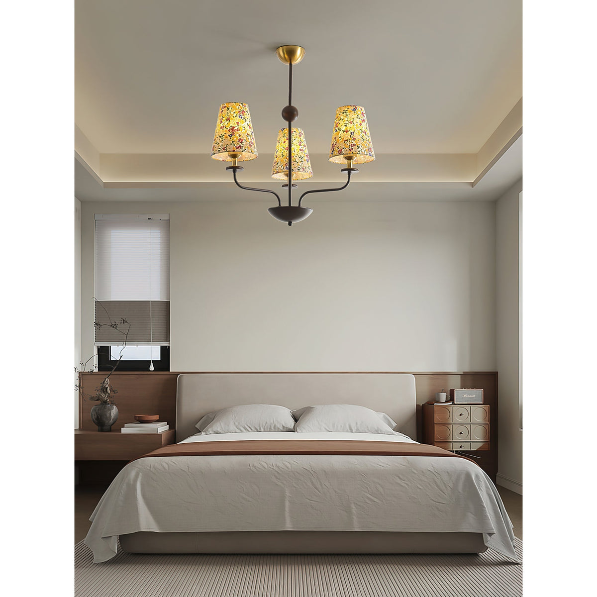 Siena Fabric Chandelier - Ash Wood & Floral Fabric Shade Chandelier | Modern Country Overhead Light