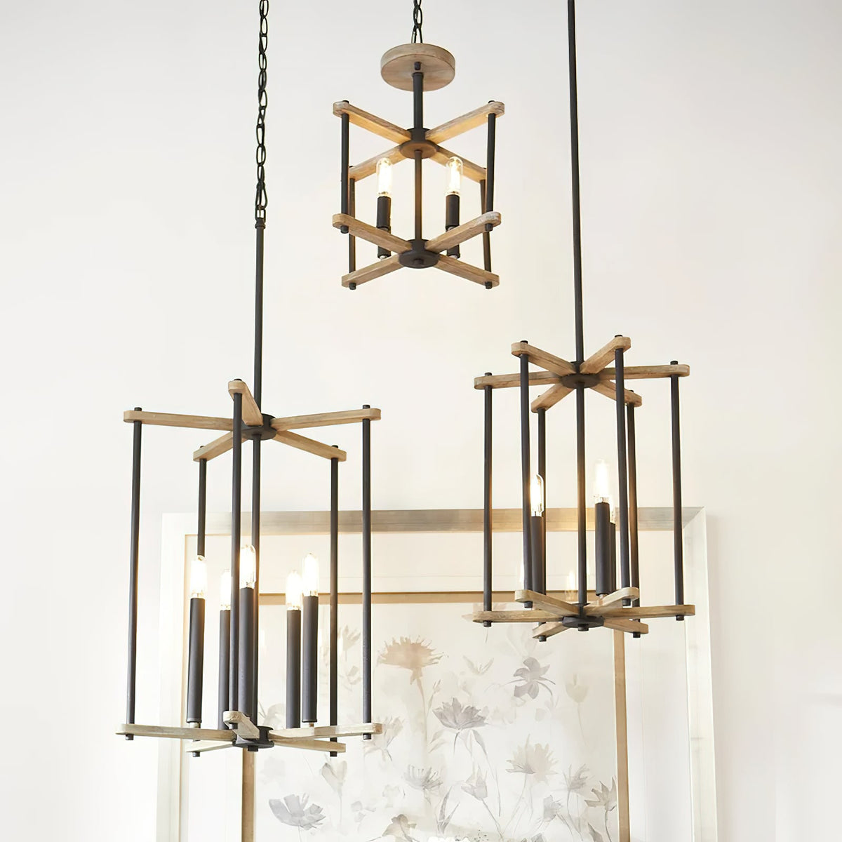 Silva Pendant Lamp - Two-Tone Wood & Black Iron Open-Frame Cage Light | Modern Farmhouse Chandelier