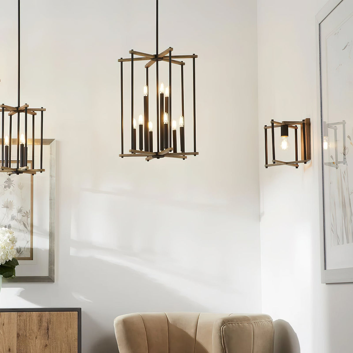 Silva Pendant Lamp - Two-Tone Wood & Black Iron Open-Frame Cage Light | Modern Farmhouse Chandelier