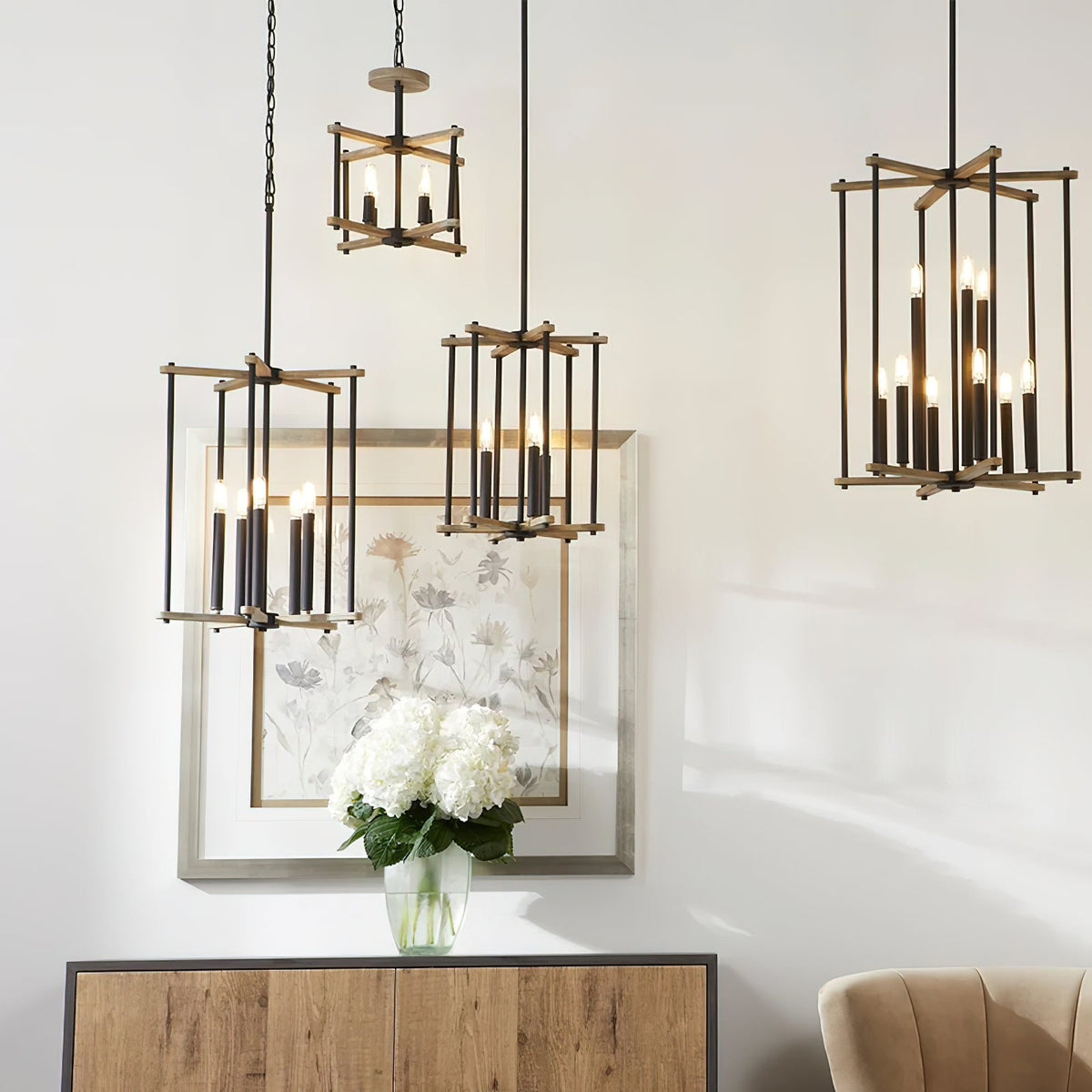 Silva Pendant Lamp - Two-Tone Wood & Black Iron Open-Frame Cage Light | Modern Farmhouse Chandelier