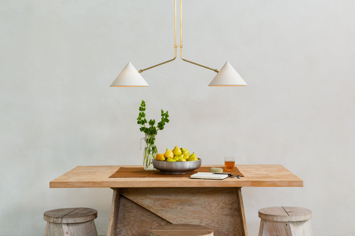Slide 2 Arm Pendant Lamp - Brass & Fabric Cone Shade Pendant | Modern Linear Overhead Light
