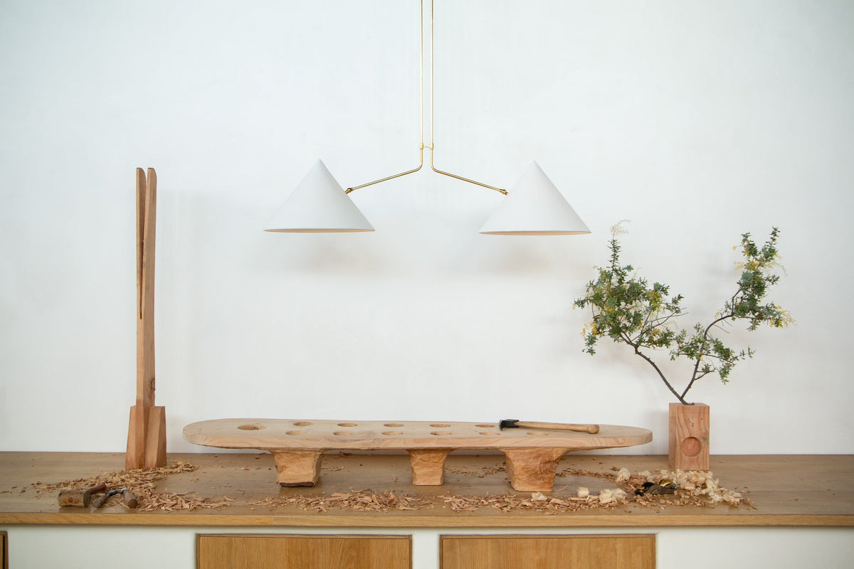 Slide 2 Arm Pendant Lamp - Brass & Fabric Cone Shade Pendant | Modern Linear Overhead Light