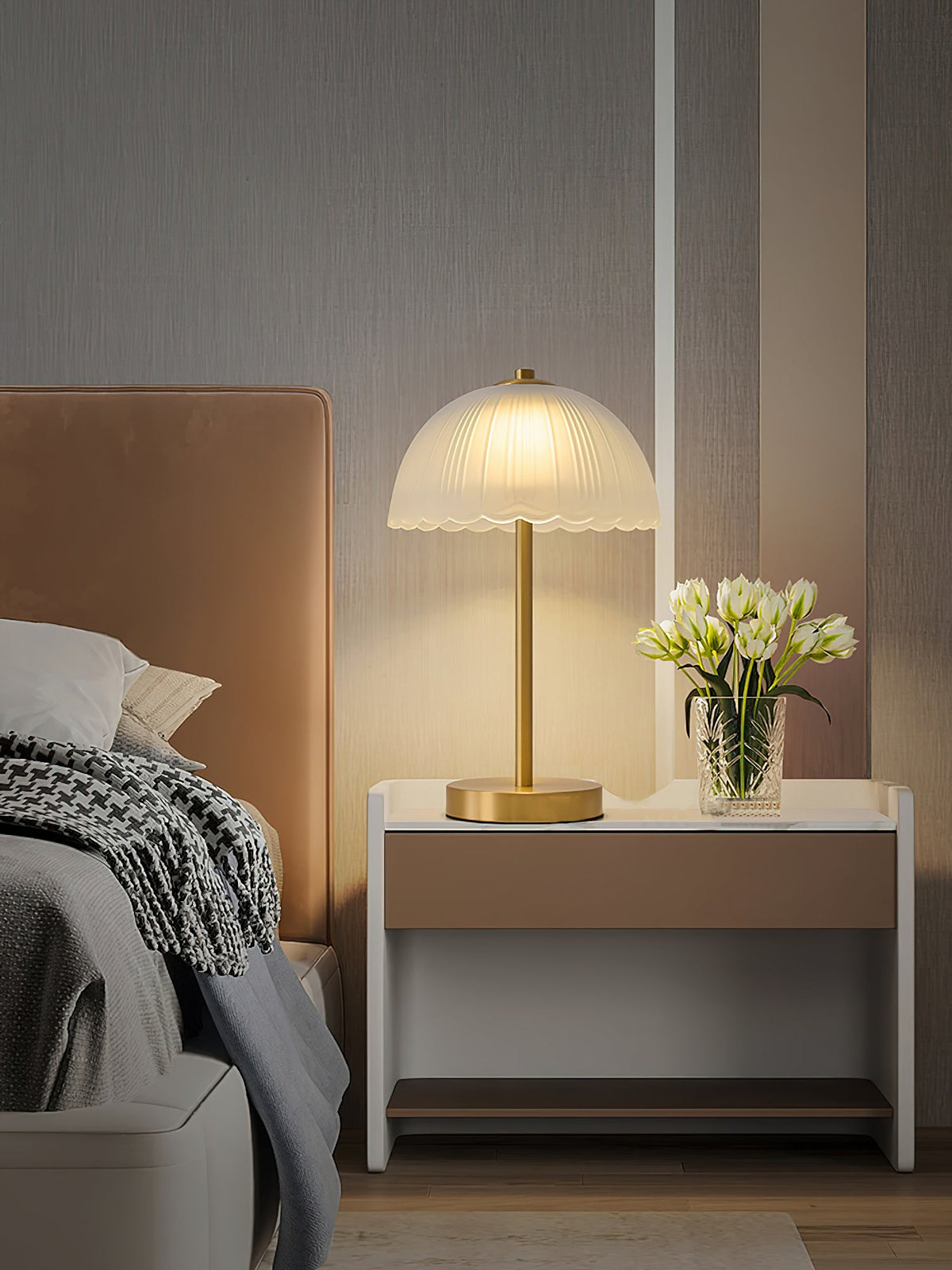 Small Umbrella Table Lamp - Matte Grooved Glass & Brass Lamp | Modern Nordic Table Light