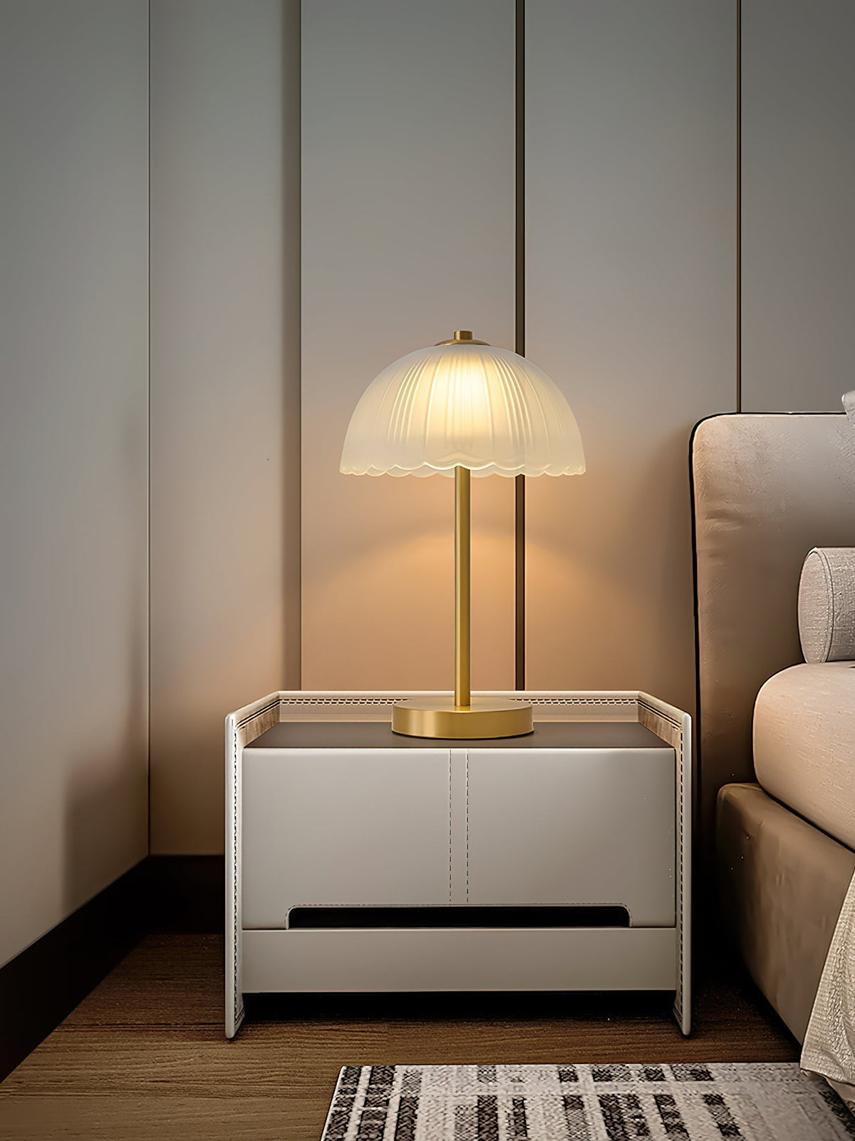 Small Umbrella Table Lamp - Matte Grooved Glass & Brass Lamp | Modern Nordic Table Light