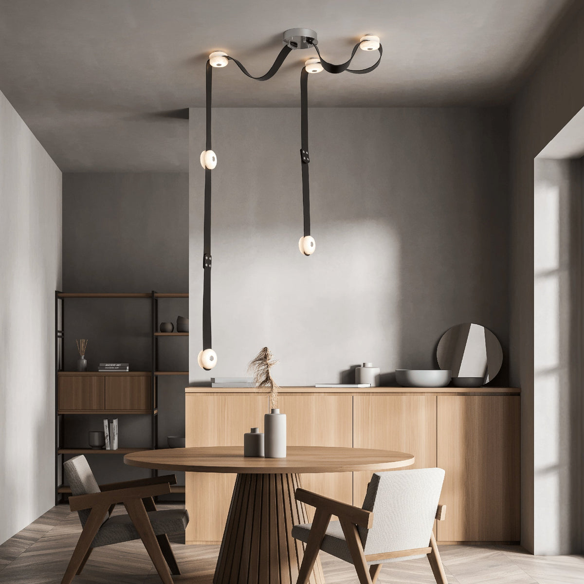 Snaps LED Chandelier - Fine Leather & Natural Alabaster Statement Light | Modern Architectural Chandelier