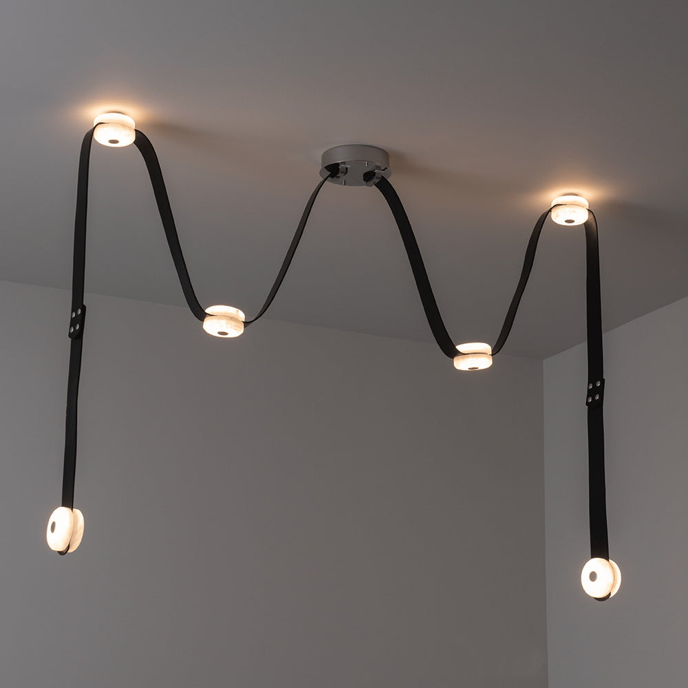Snaps LED Chandelier - Fine Leather & Natural Alabaster Statement Light | Modern Architectural Chandelier