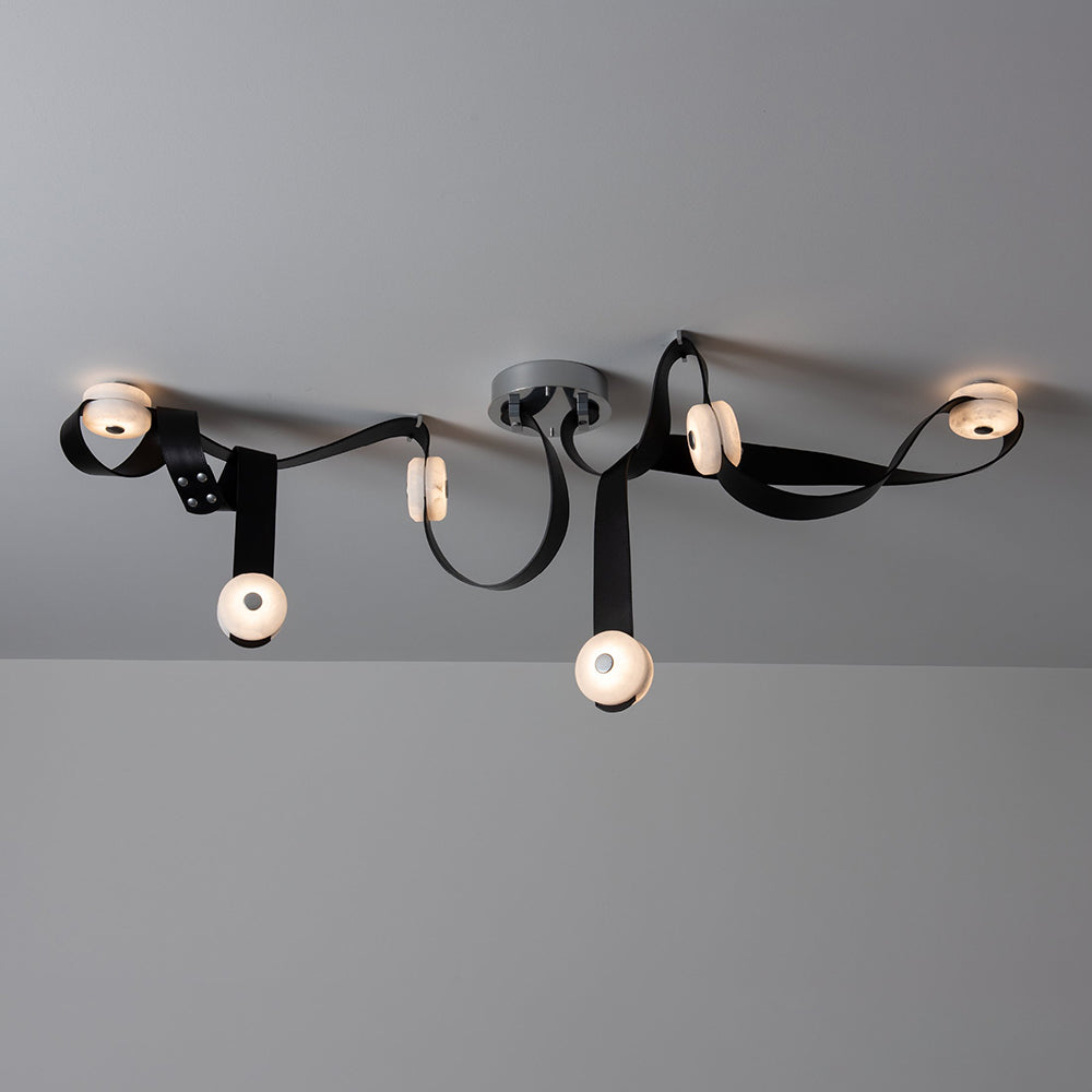 Snaps LED Chandelier - Fine Leather & Natural Alabaster Statement Light | Modern Architectural Chandelier