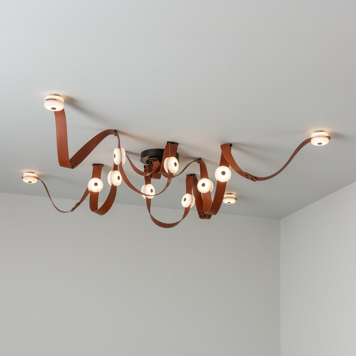 Snaps LED Chandelier - Fine Leather & Natural Alabaster Statement Light | Modern Architectural Chandelier