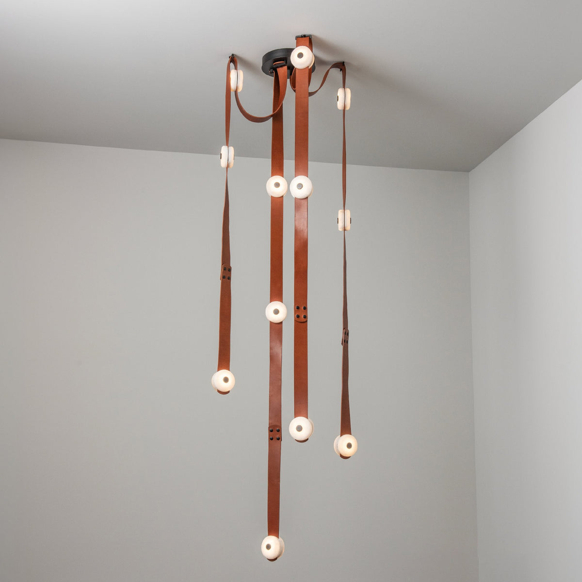 Snaps LED Chandelier - Fine Leather & Natural Alabaster Statement Light | Modern Architectural Chandelier