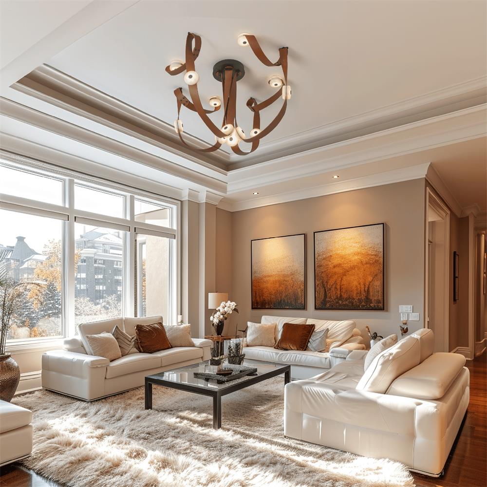 Snaps LED Chandelier - Fine Leather & Natural Alabaster Statement Light | Modern Architectural Chandelier