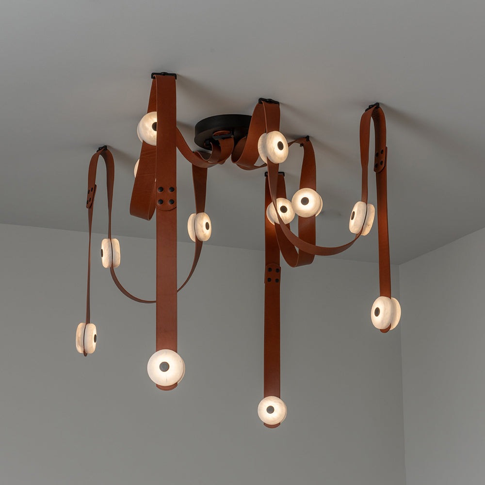 Snaps LED Chandelier - Fine Leather & Natural Alabaster Statement Light | Modern Architectural Chandelier