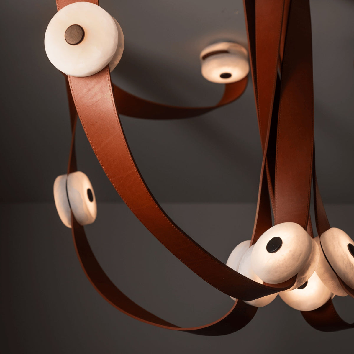 Snaps LED Chandelier - Fine Leather & Natural Alabaster Statement Light | Modern Architectural Chandelier