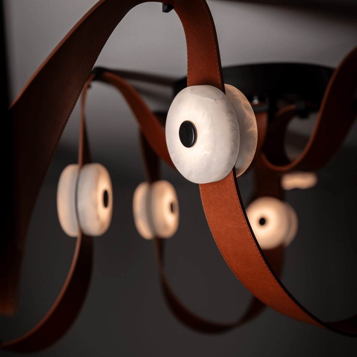 Snaps LED Chandelier - Fine Leather & Natural Alabaster Statement Light | Modern Architectural Chandelier